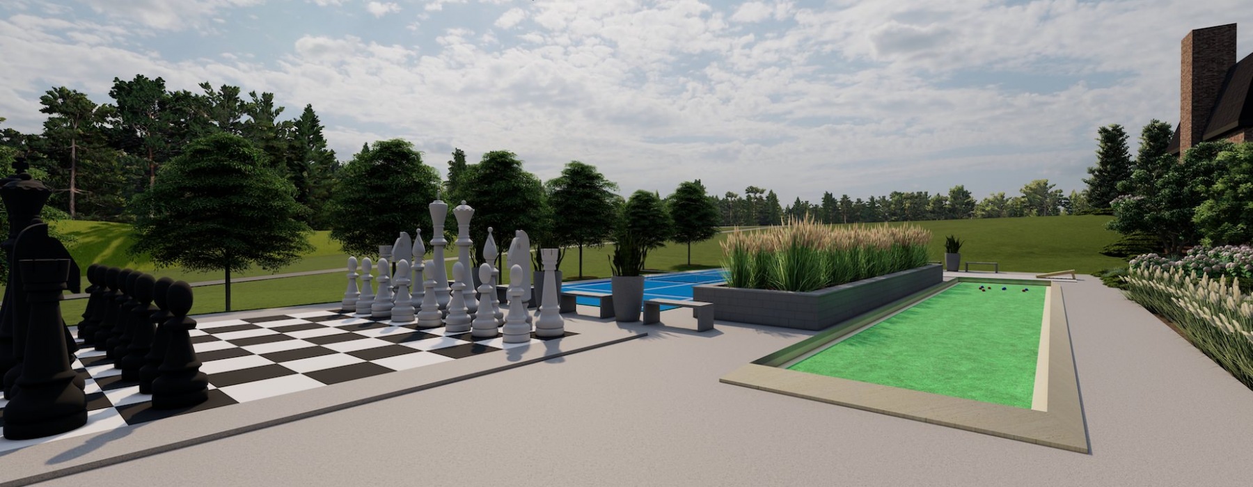 community outdoor amenity area with giant chessboard