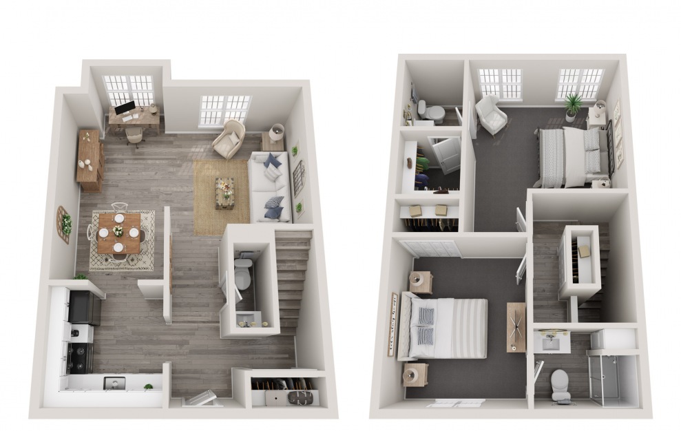 3D floorplan of a two story two bedroom floor plan.