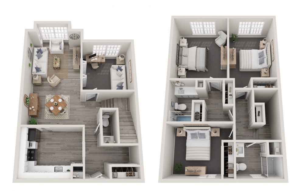 3D floorplan of a two story three bedroom floor plan.