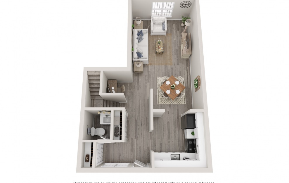 1st floor of a 3D floor plan of a 1400 square floor townhome.